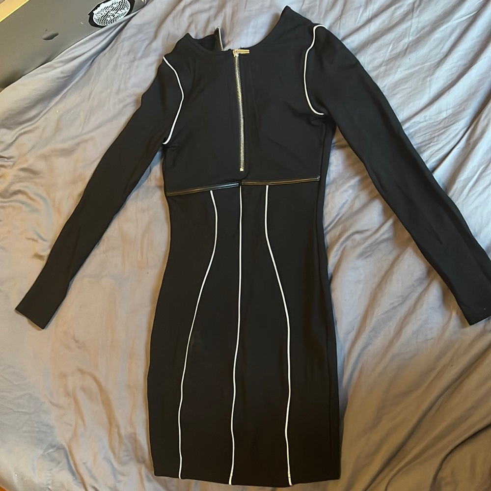 Maniere de Voir long sleeve black dress with reflective 3m piping